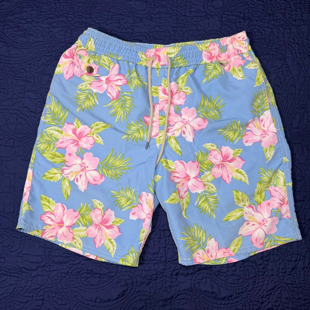 Polo Ralph Lauren Blue Pink Hibiscus Floral Swim Trunks Board Shorts Small Read